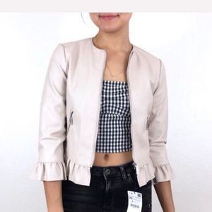 Zara XS cream/pink faux leather jacket ruffles XS